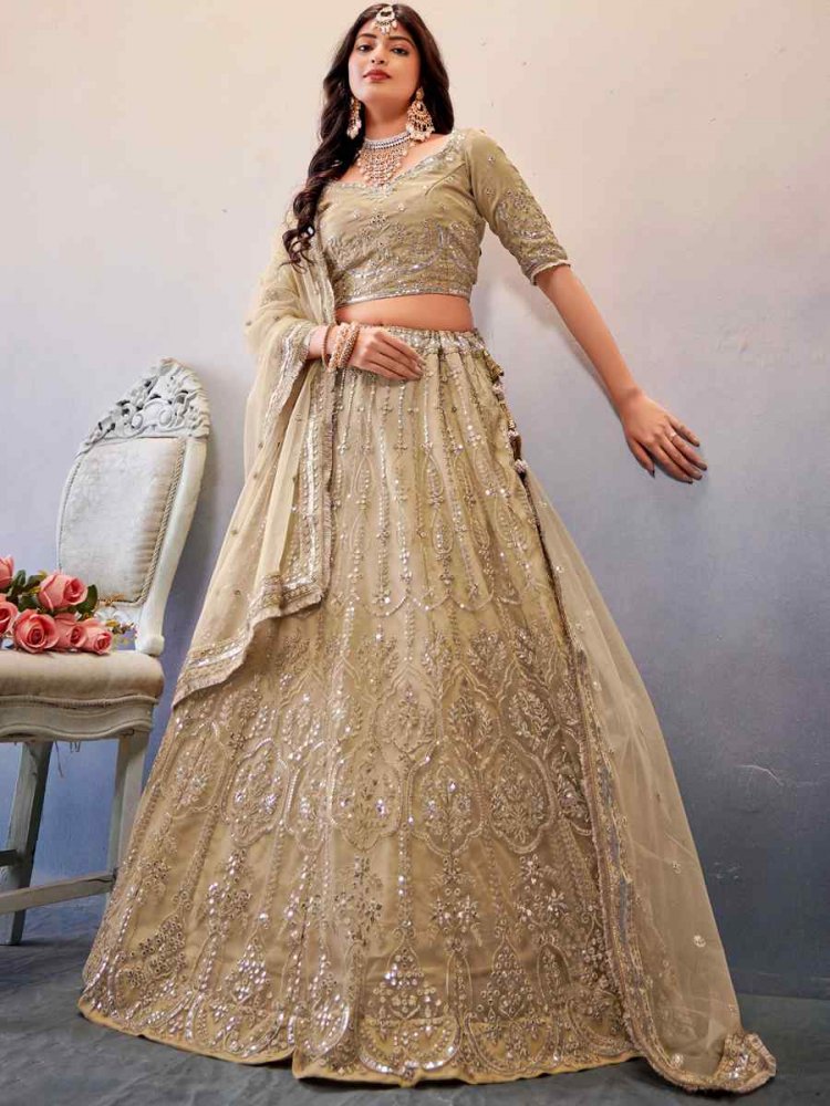 Dark Cream Premium Butterfly Net Embroidered Festival Wedding Heavy Border Lehenga Choli