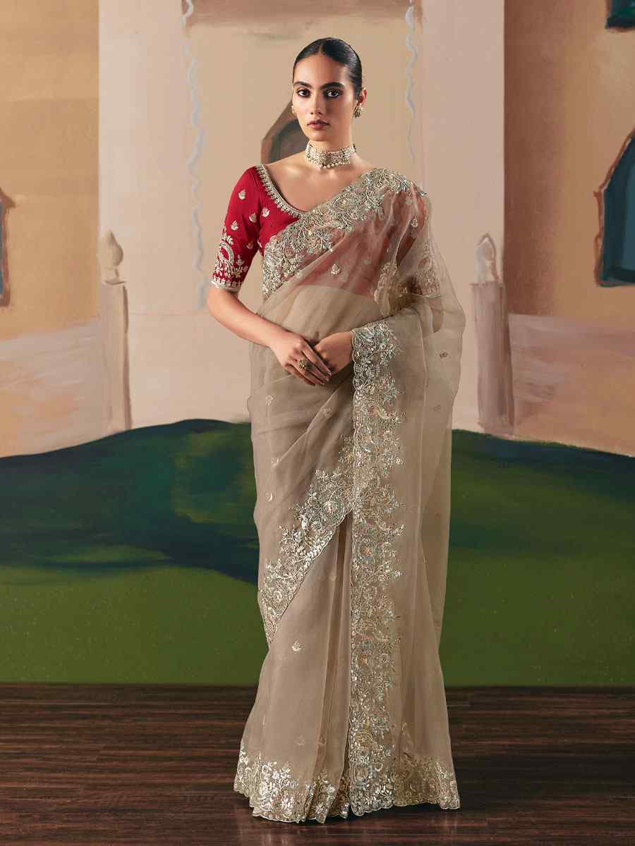 Dark Cream Premium Fancy Silk Embroidery Bridal Reception Festival Wedding Fancy Heavy Border Saree