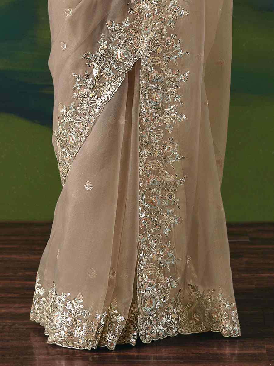 Dark Cream Premium Fancy Silk Embroidery Bridal Reception Festival Wedding Fancy Heavy Border Saree