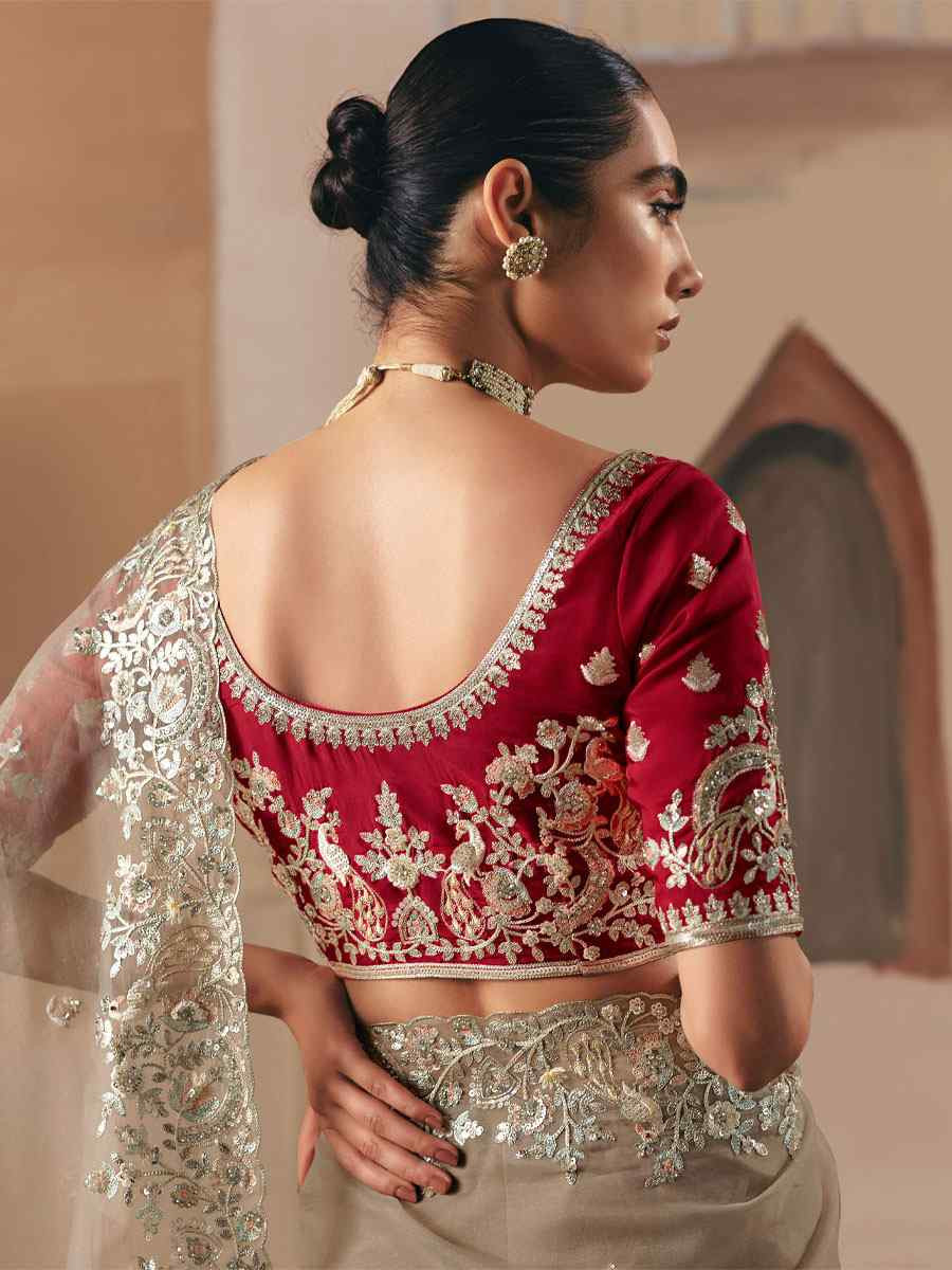 Dark Cream Premium Fancy Silk Embroidery Bridal Reception Festival Wedding Fancy Heavy Border Saree