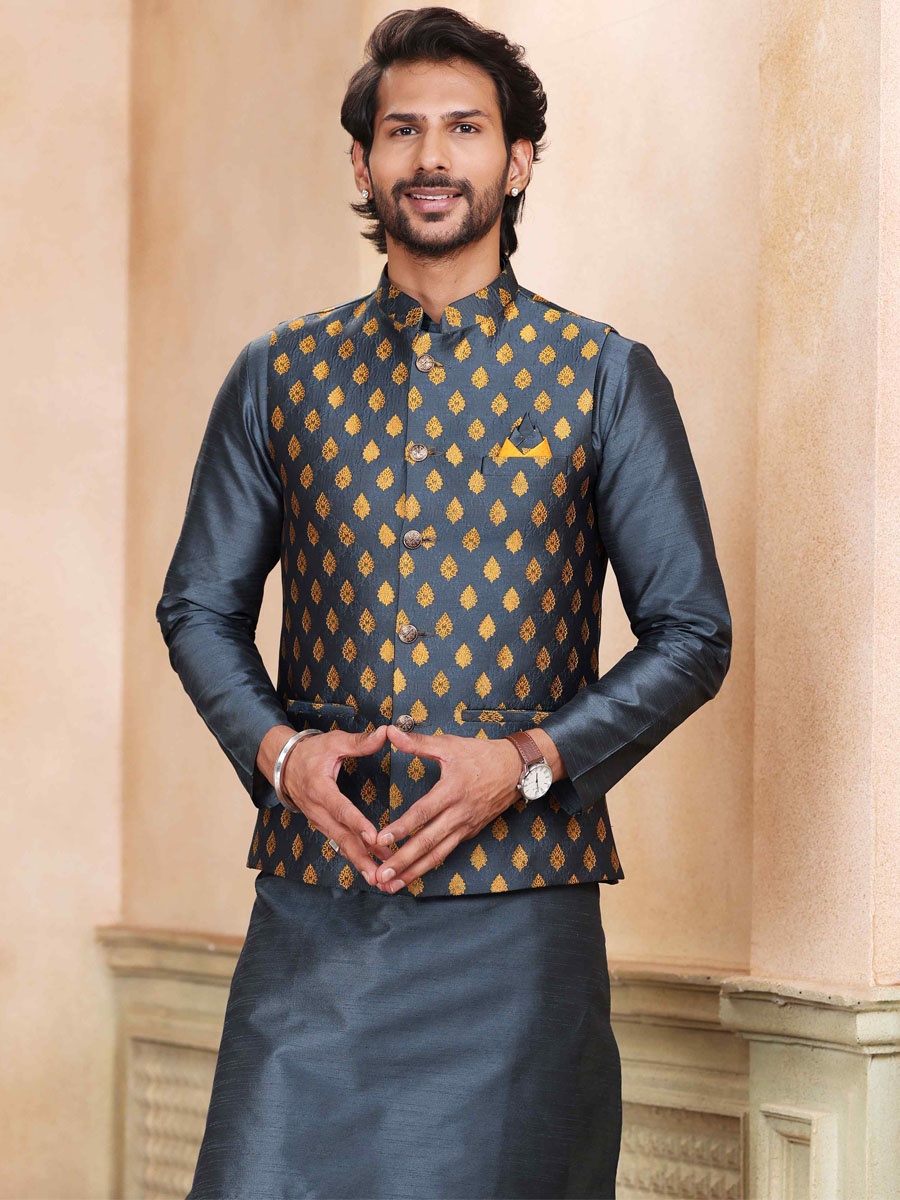 Dark Gray Art Banarasi Silk Printed Festival Wedding Kurta