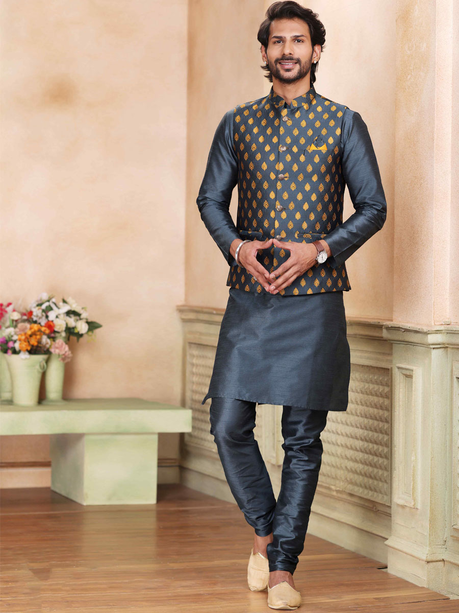 Dark Gray Art Banarasi Silk Printed Festival Wedding Kurta