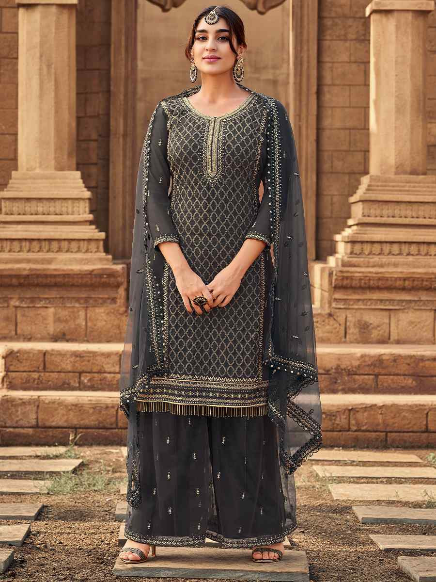 Dark Gray Heavy Fox Georgette Embroidered Festival Wedding Palazzo Pant Salwar Kameez