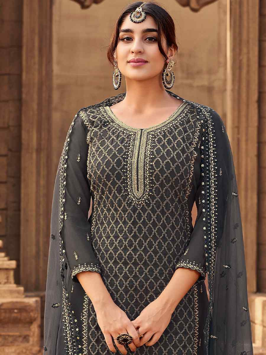 Dark Gray Heavy Fox Georgette Embroidered Festival Wedding Palazzo Pant Salwar Kameez