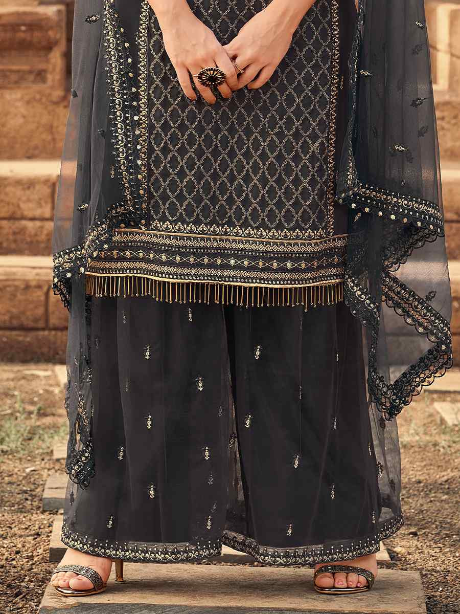 Dark Gray Heavy Fox Georgette Embroidered Festival Wedding Palazzo Pant Salwar Kameez