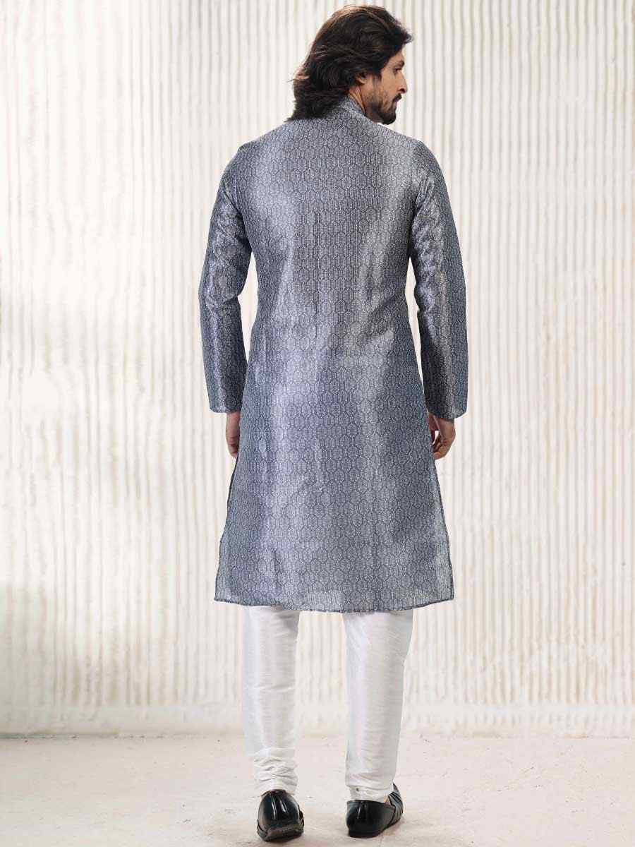 Dark Gray Jacquard Banarasi Silk Woven Festival Wedding Kurta