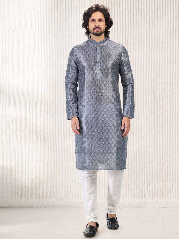 Dark Gray Jacquard Banarasi Silk Woven Festival Wedding Kurta