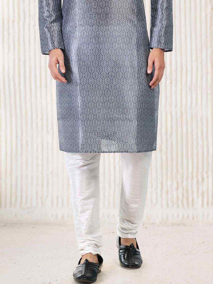 Dark Gray Jacquard Banarasi Silk Woven Festival Wedding Kurta