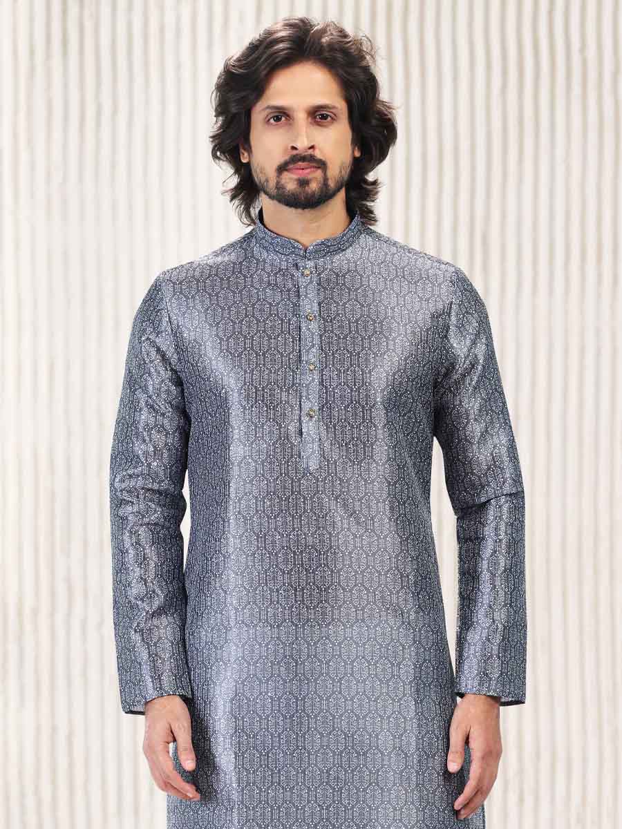 Dark Gray Jacquard Banarasi Silk Woven Festival Wedding Kurta