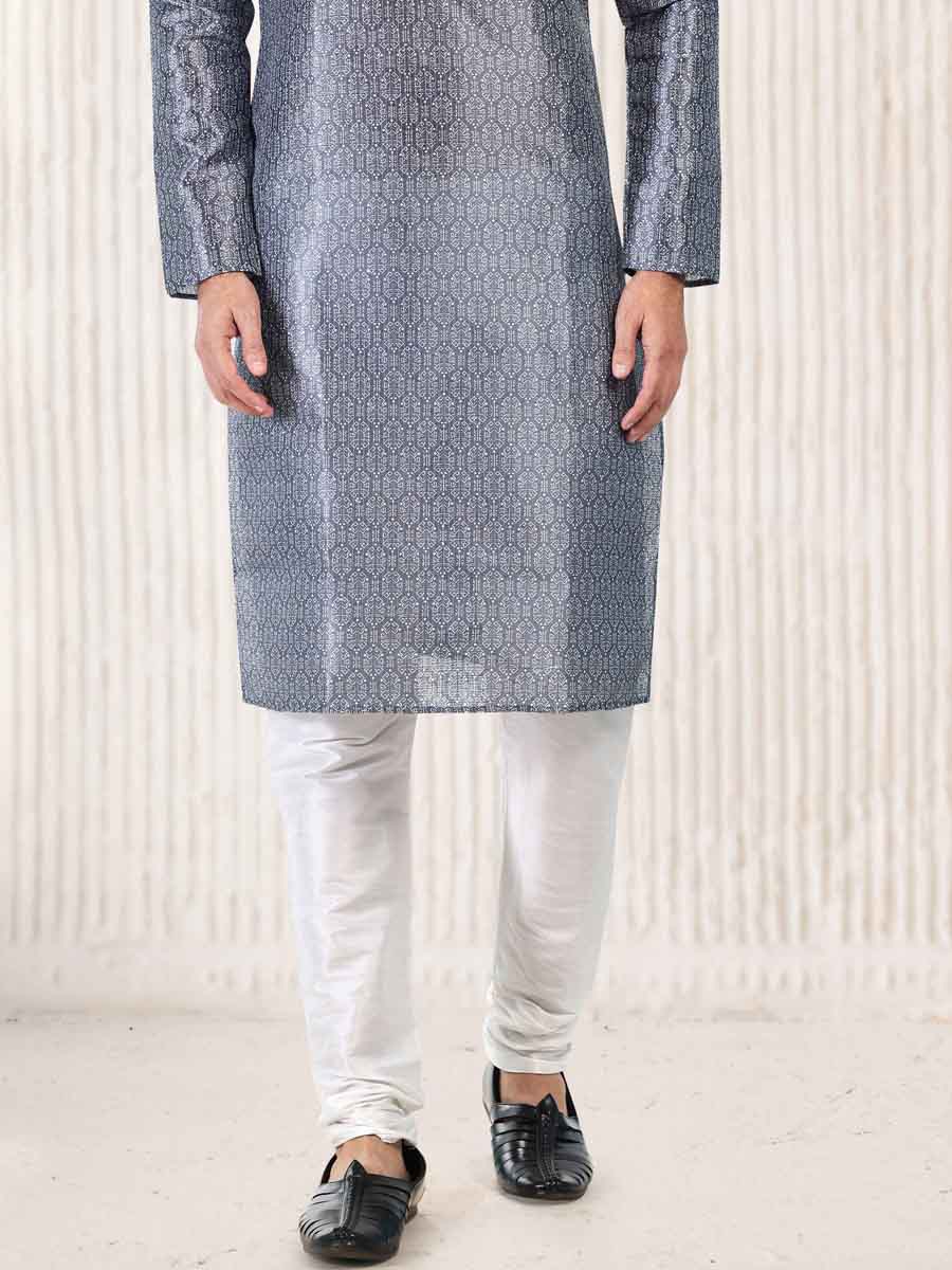 Dark Gray Jacquard Banarasi Silk Woven Festival Wedding Kurta