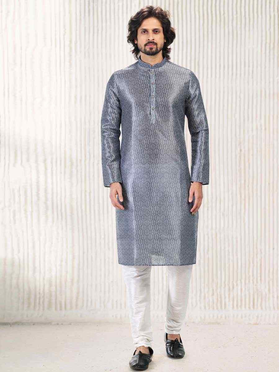 Dark Gray Jacquard Banarasi Silk Woven Festival Wedding Kurta