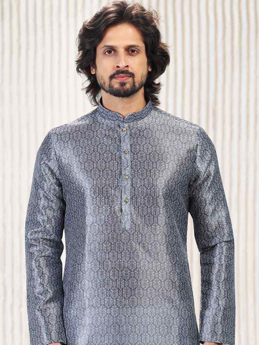 Dark Gray Jacquard Banarasi Silk Woven Festival Wedding Kurta