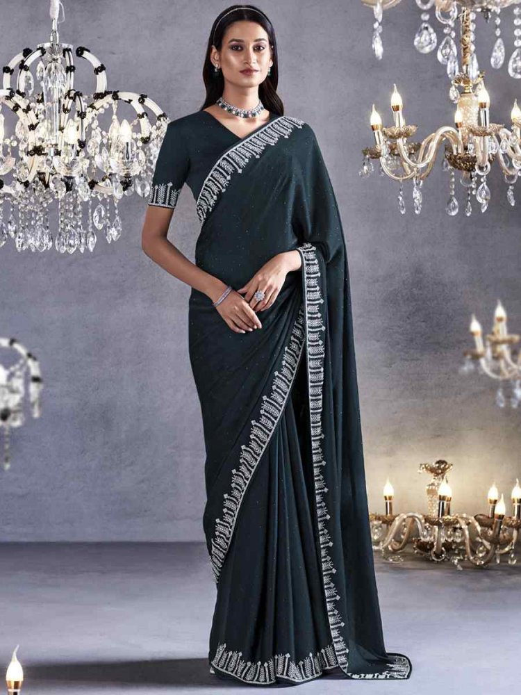 Dark Gray Pure Satin Silk Embroidered Wedding Party Heavy Border Saree