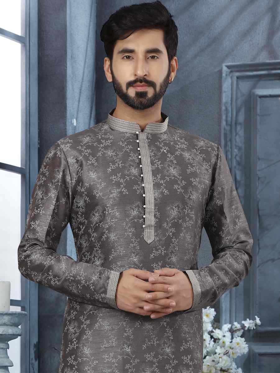 Dark Gray Silk Woven Festival Party Kurta