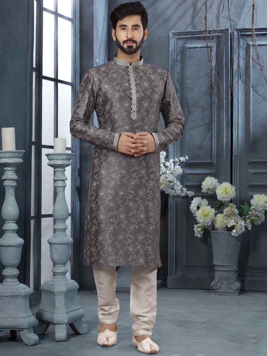Dark Gray Silk Woven Festival Party Kurta