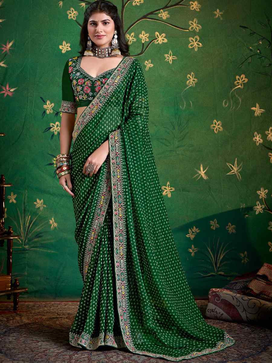 Dark Green Georgette Embroidery Bridal Reception Festival Wedding Fancy Heavy Border Saree