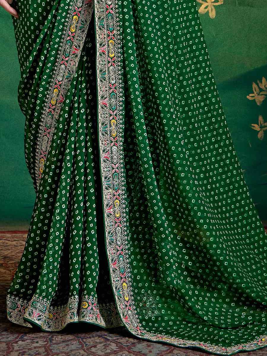 Dark Green Georgette Embroidery Bridal Reception Festival Wedding Fancy Heavy Border Saree