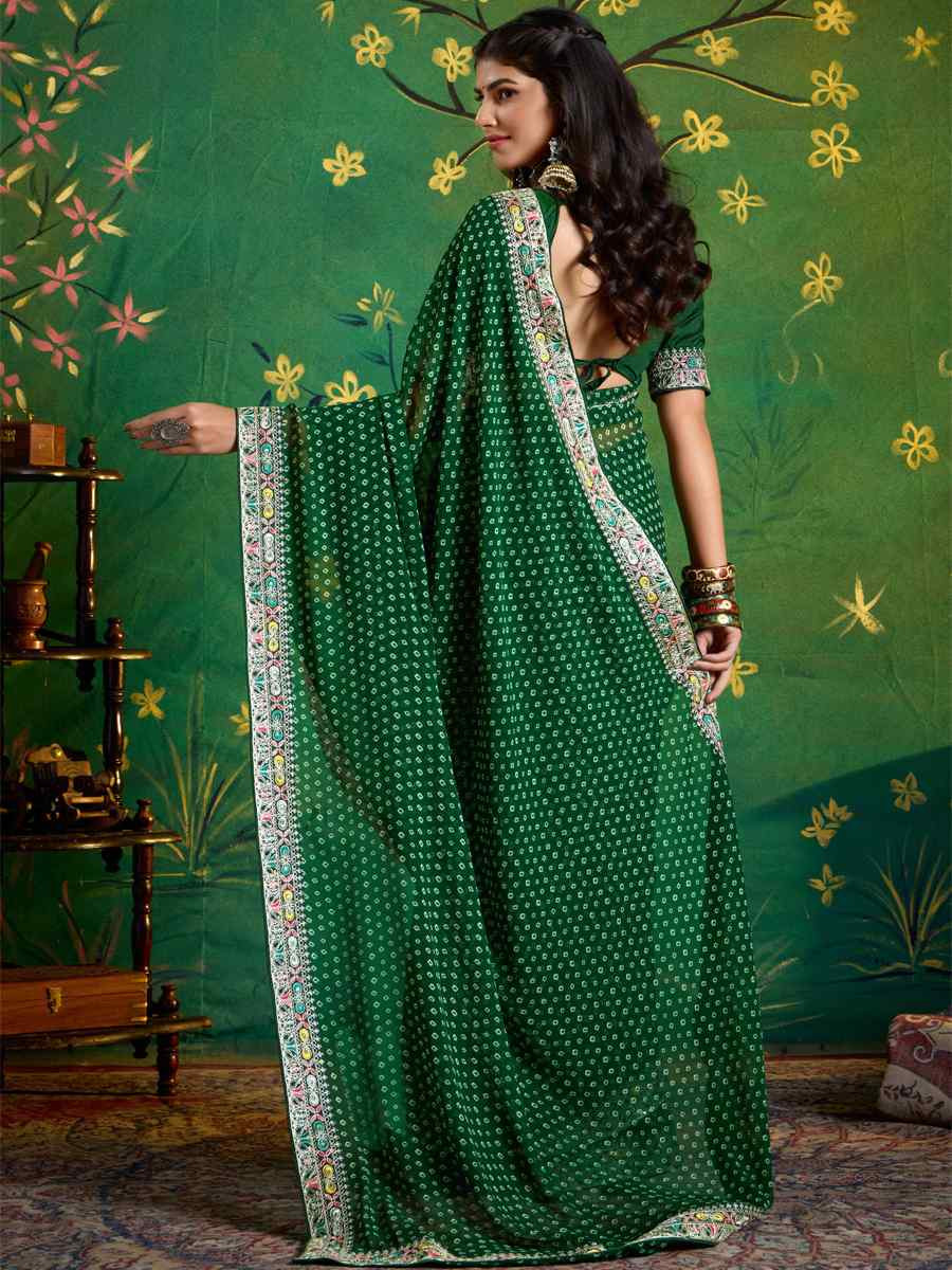 Dark Green Georgette Embroidery Bridal Reception Festival Wedding Fancy Heavy Border Saree