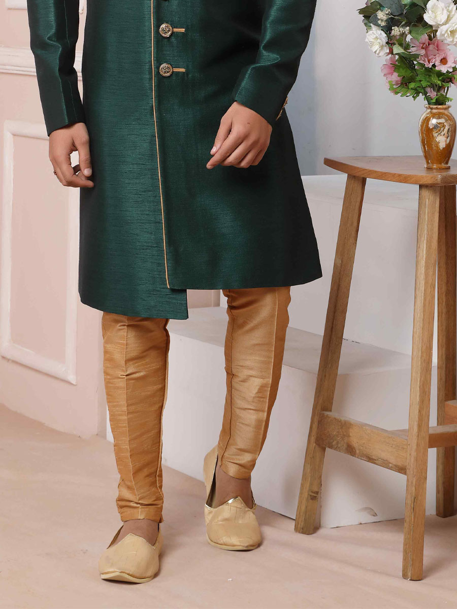 Dark Green Art Banarasi Silk Embroidered Festival Wedding Sherwani