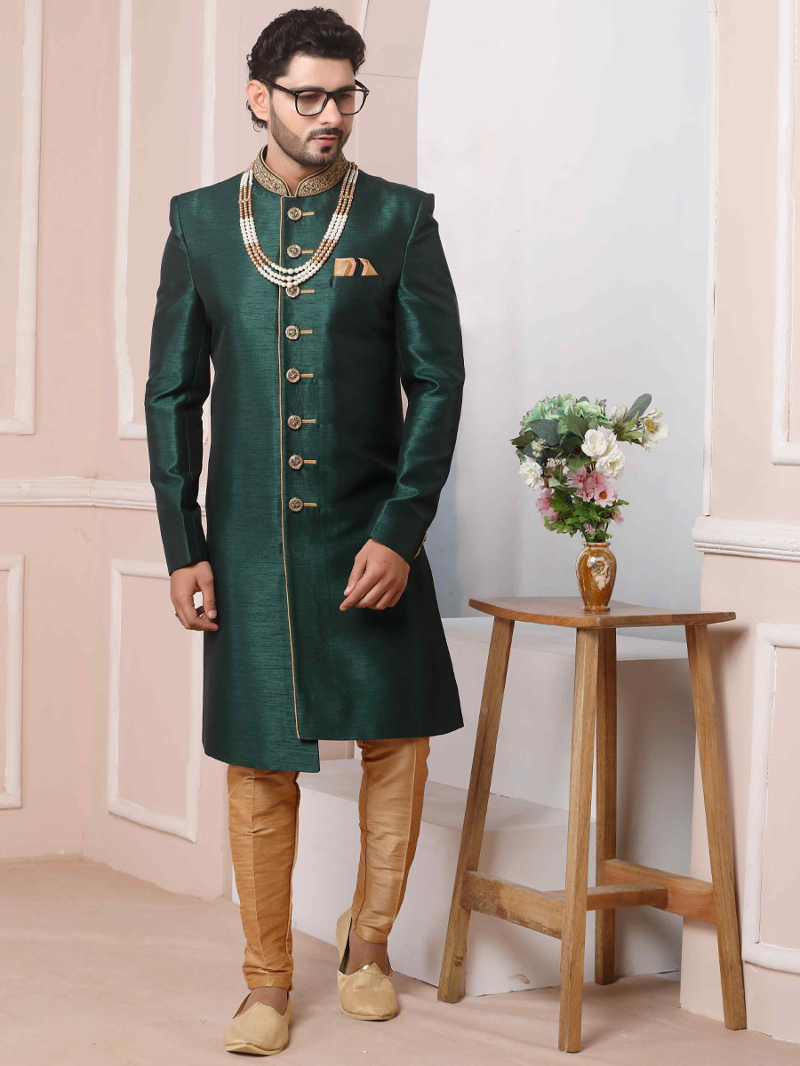 Dark Green Art Banarasi Silk Embroidered Festival Wedding Sherwani