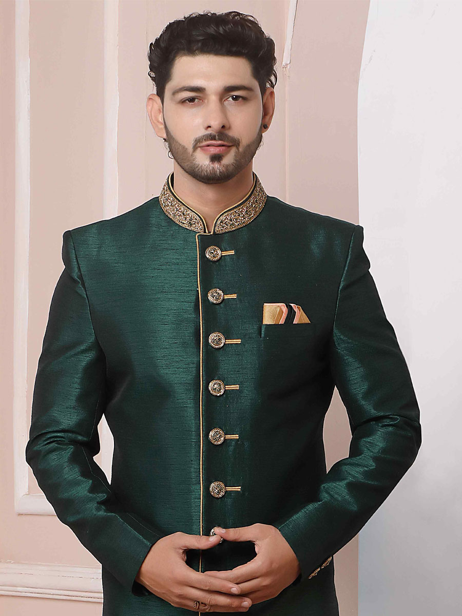 Dark Green Art Banarasi Silk Embroidered Festival Wedding Sherwani