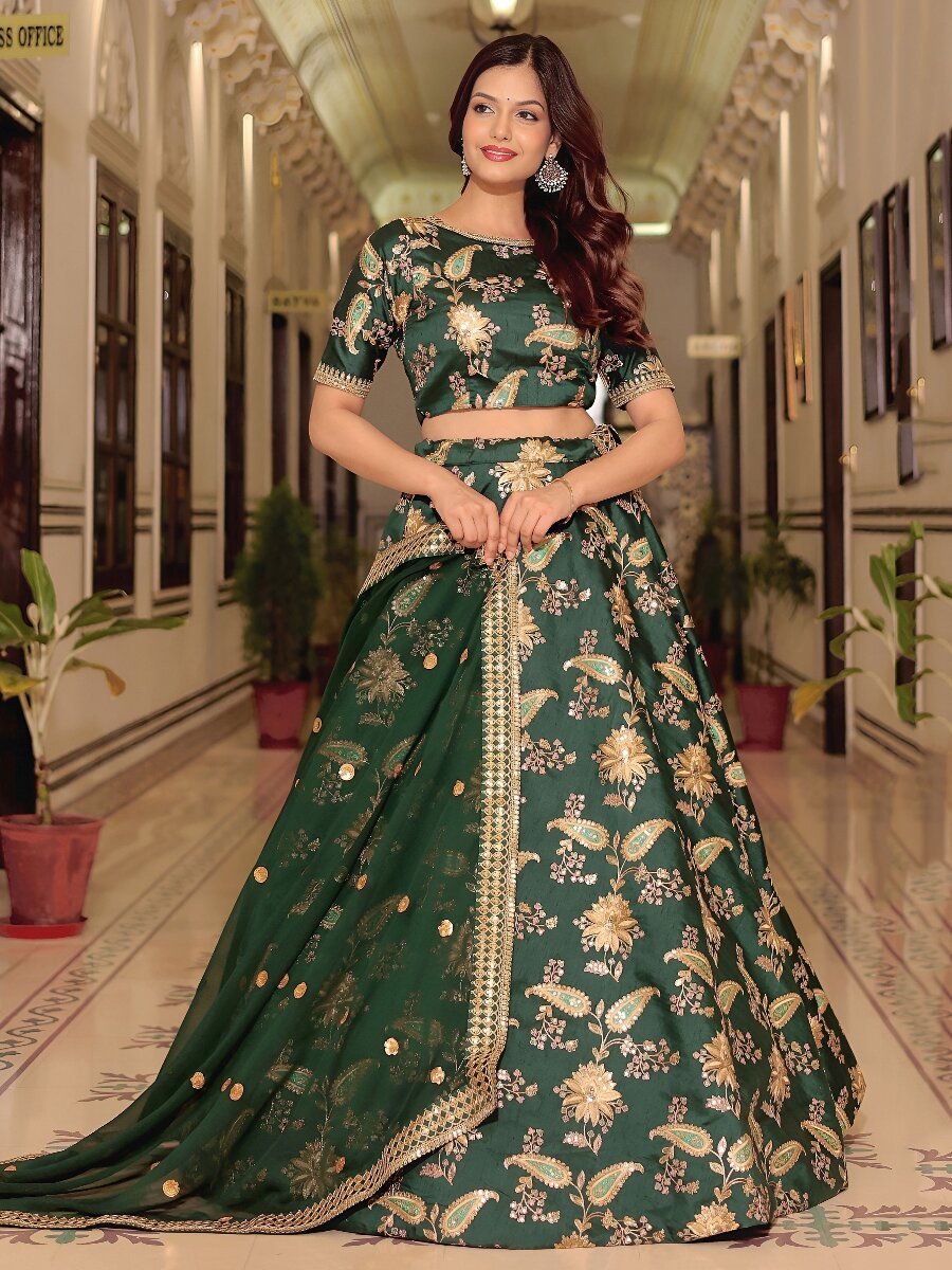 Dark Green Art Silk Embroidery Sequins Zari Wedding Reception Party Festival Heavy Border Lehenga Choli
