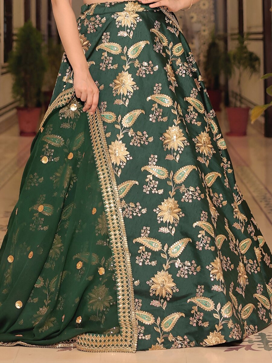 Dark Green Art Silk Embroidery Sequins Zari Wedding Reception Party Festival Heavy Border Lehenga Choli