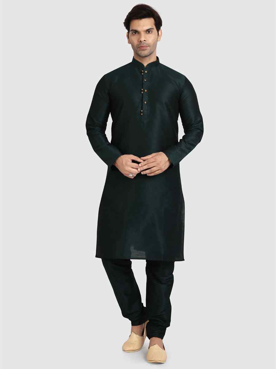 Dark Green Art Silk Plain Festival Kurta