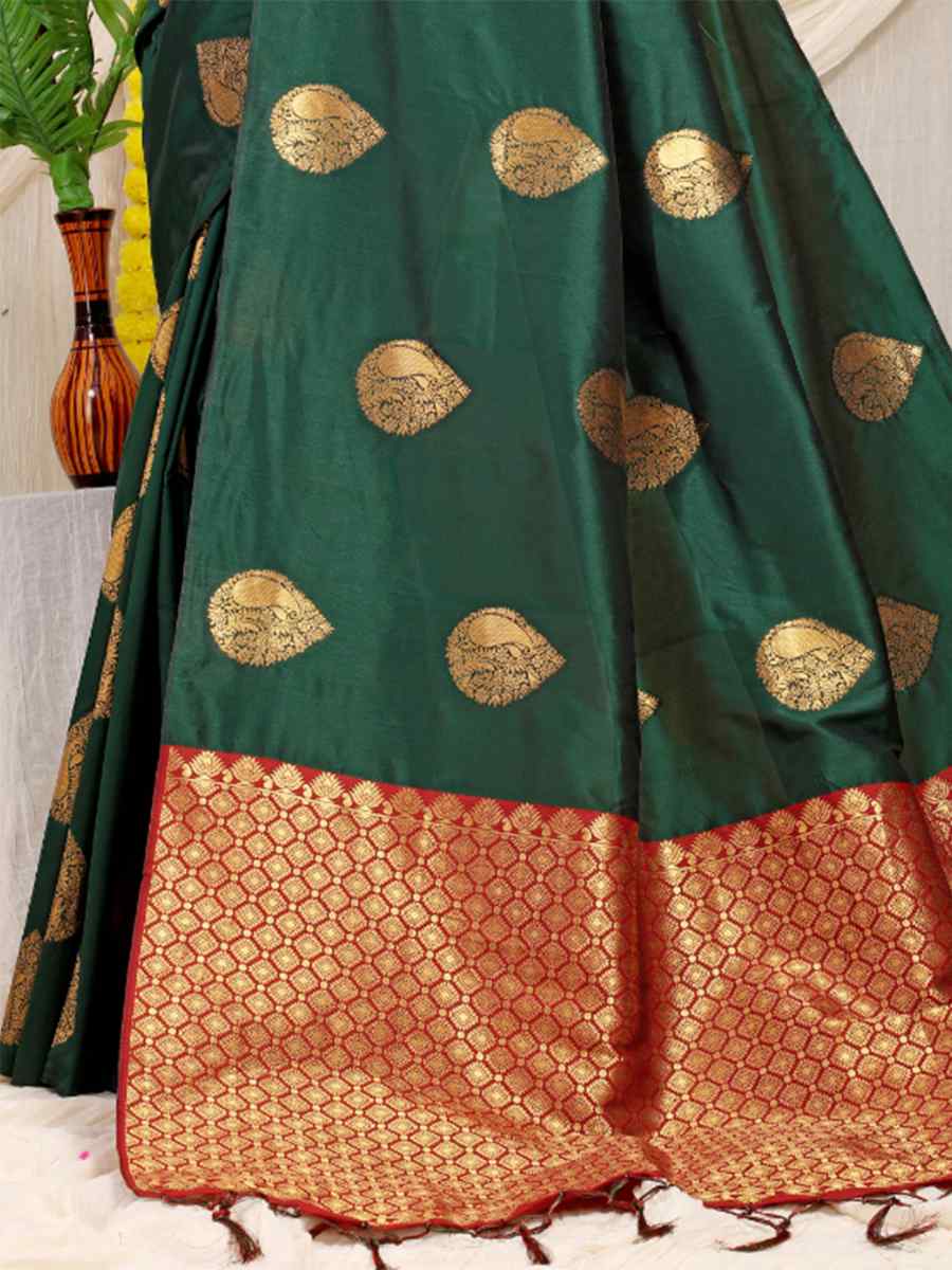 Dark Green Banarasi Silk Handwoven Festival Casual Heavy Border Saree