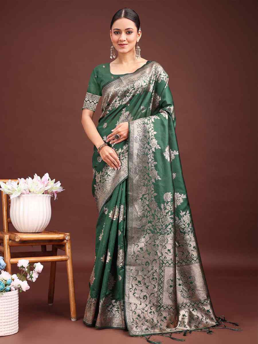 Dark Green Banarasi Silk Handwoven Festival Wedding Fancy Heavy Border Saree