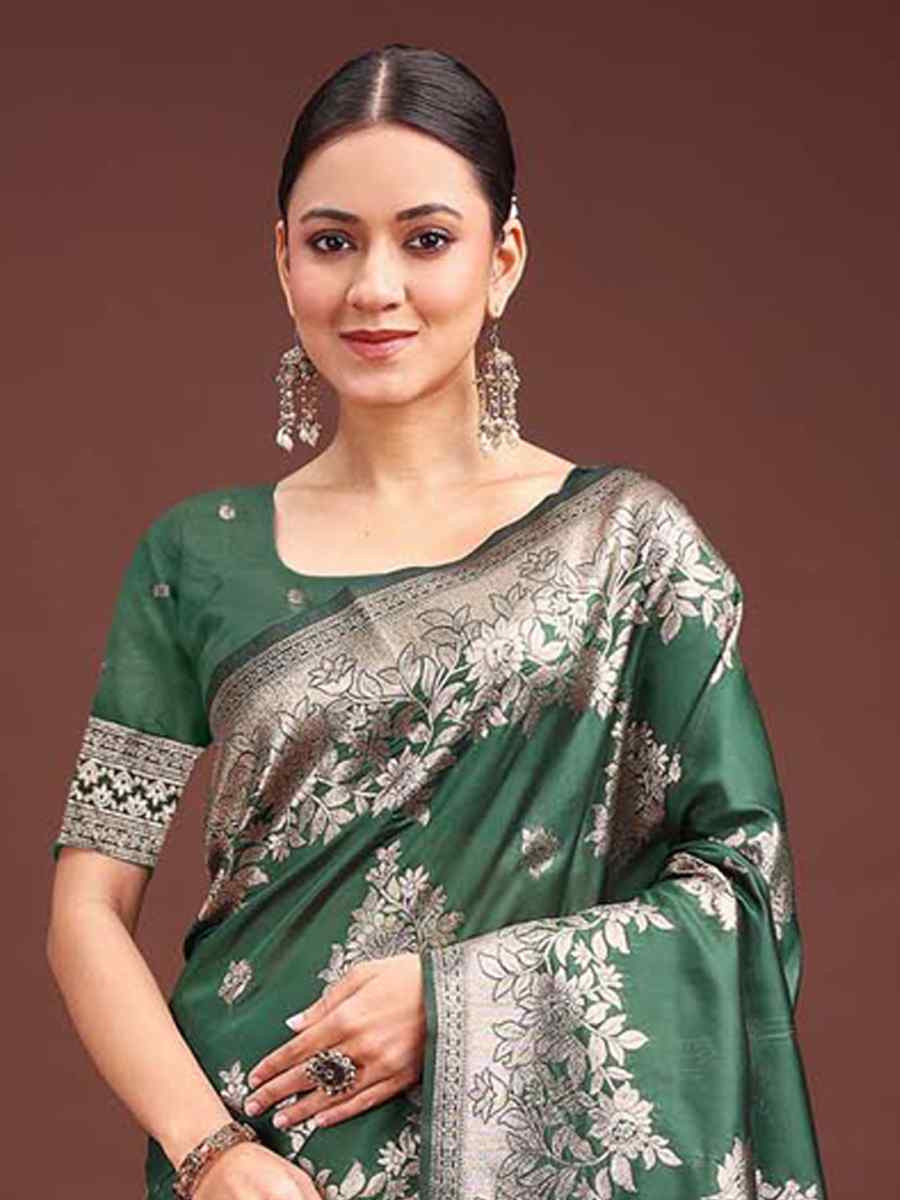 Dark Green Banarasi Silk Handwoven Festival Wedding Fancy Heavy Border Saree