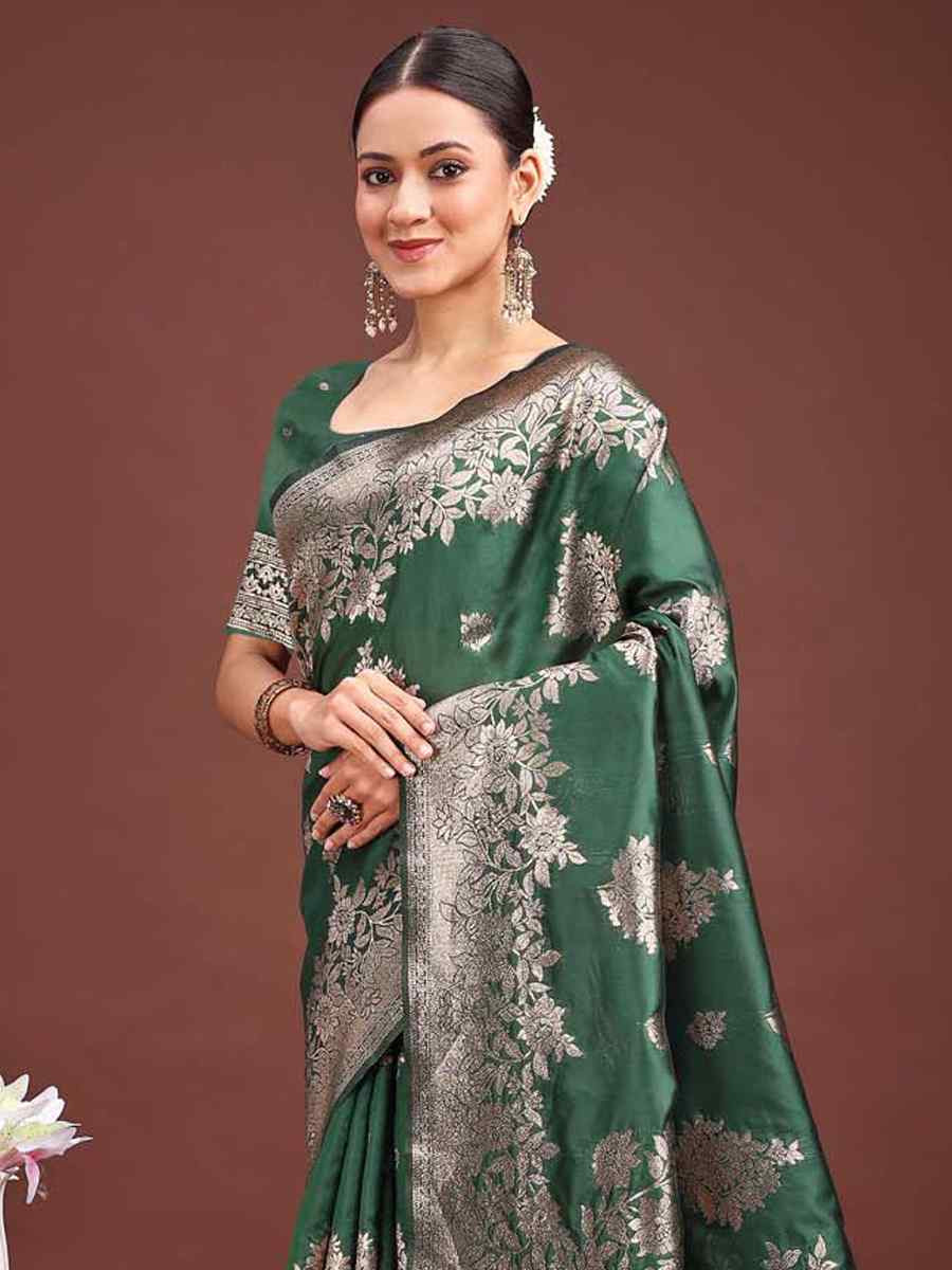 Dark Green Banarasi Silk Handwoven Festival Wedding Fancy Heavy Border Saree