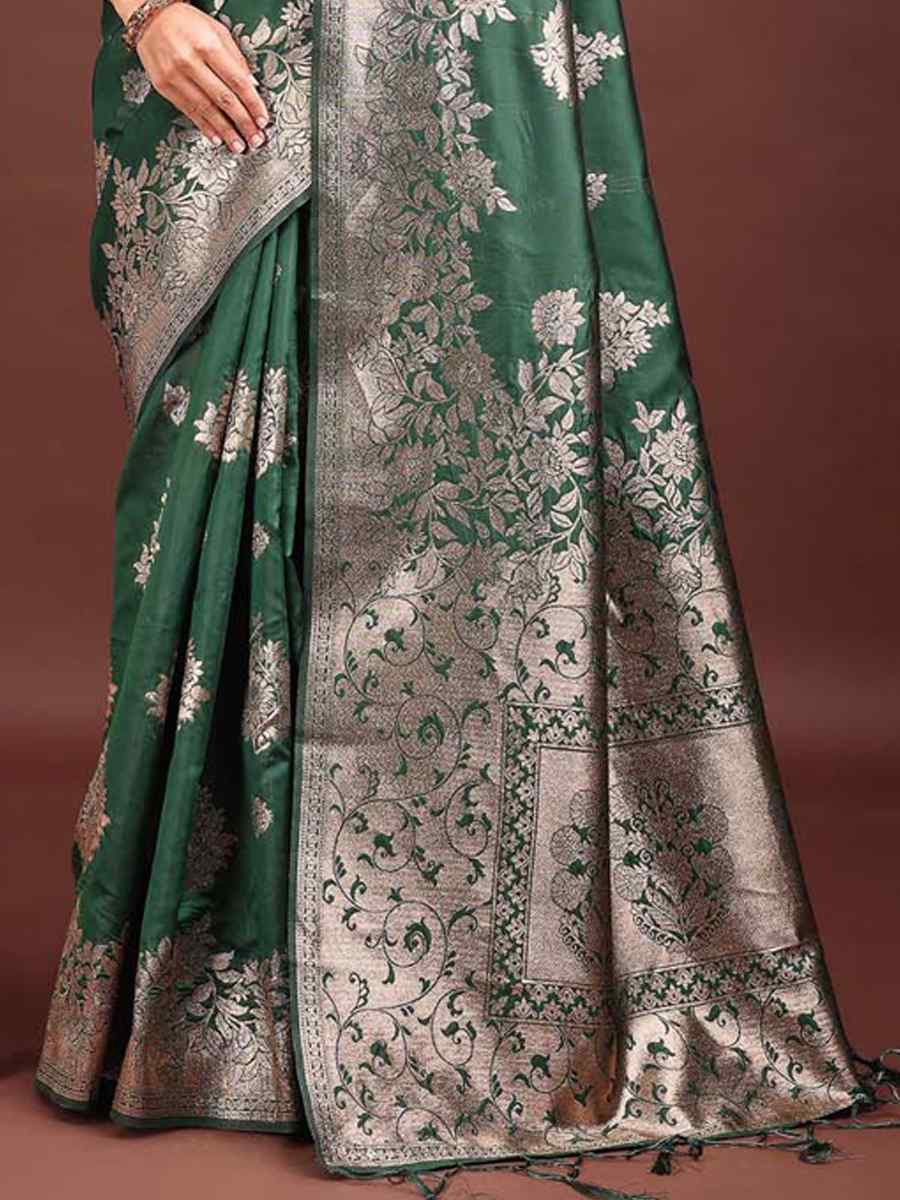 Dark Green Banarasi Silk Handwoven Festival Wedding Fancy Heavy Border Saree