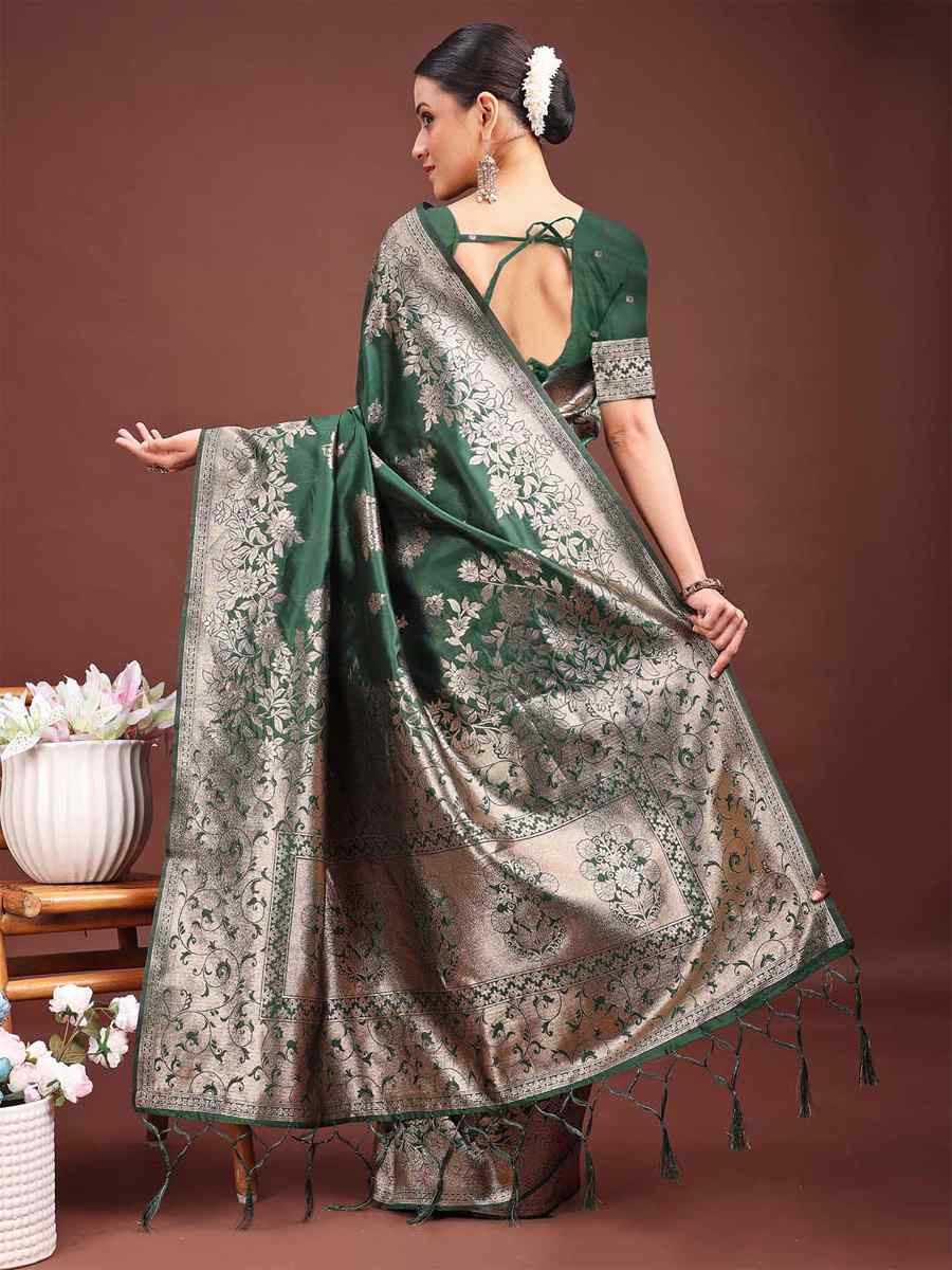 Dark Green Banarasi Silk Handwoven Festival Wedding Fancy Heavy Border Saree