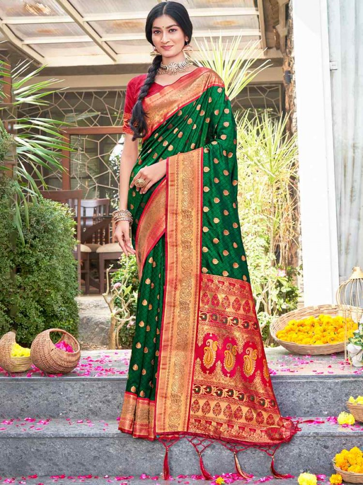 Dark Green Banarasi Silk Handwoven Wedding Festival Heavy Border Saree