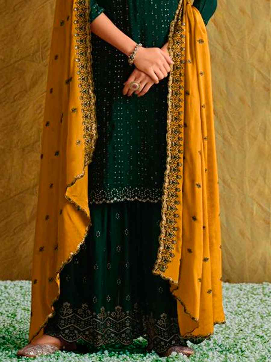 Dark Green Blooming Chinon Embroidered Party Wedding Palazzo Pant Salwar Kameez