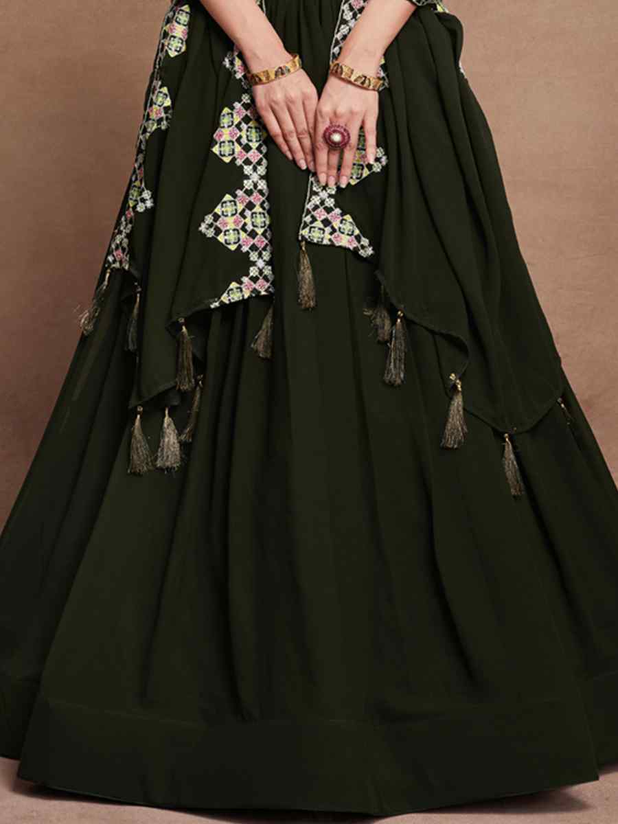 Dark Green Blooming Georgette Embroidered Festival Wedding Circular Lehenga Choli