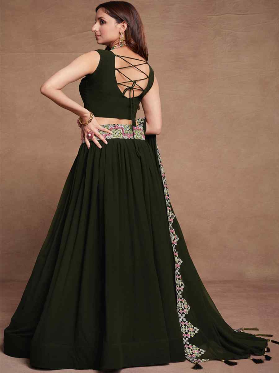 Dark Green Blooming Georgette Embroidered Festival Wedding Circular Lehenga Choli