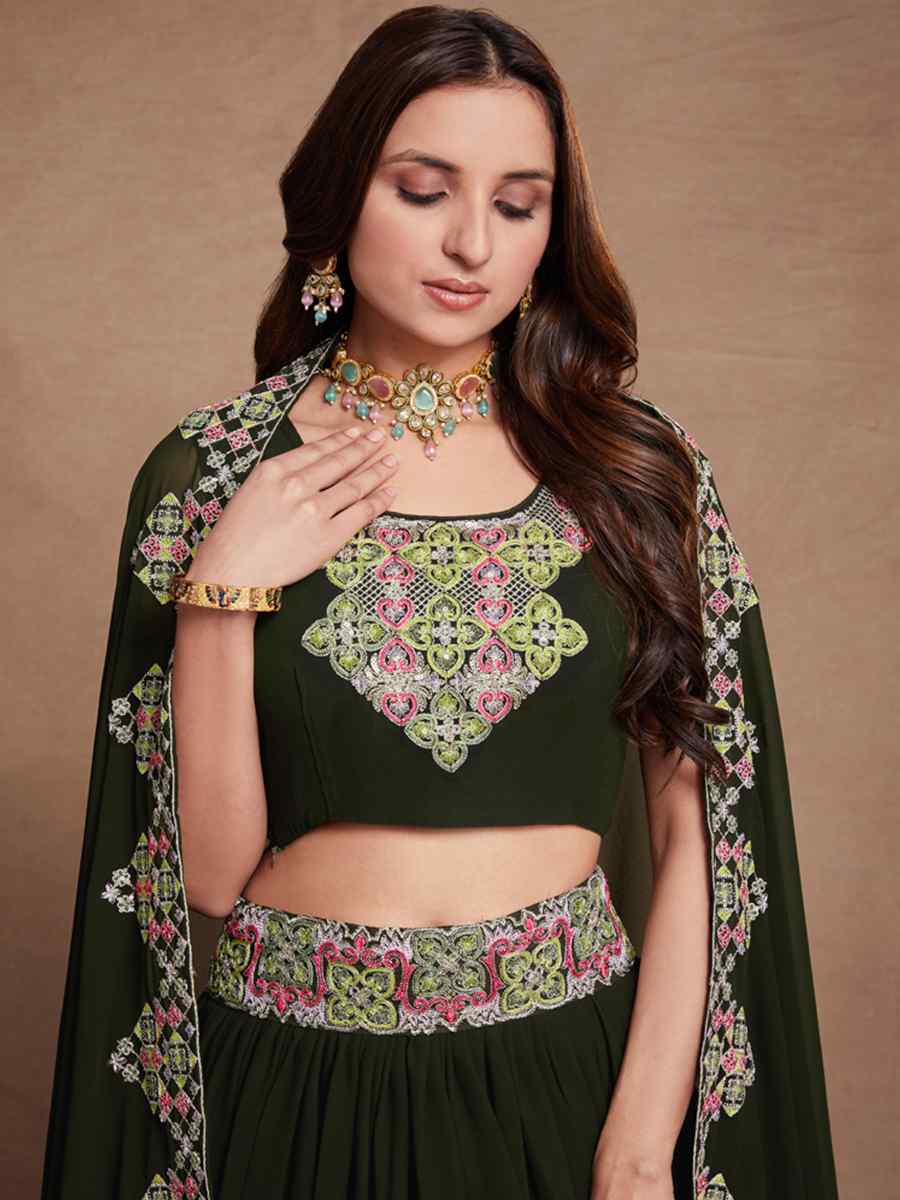 Dark Green Blooming Georgette Embroidered Festival Wedding Circular Lehenga Choli