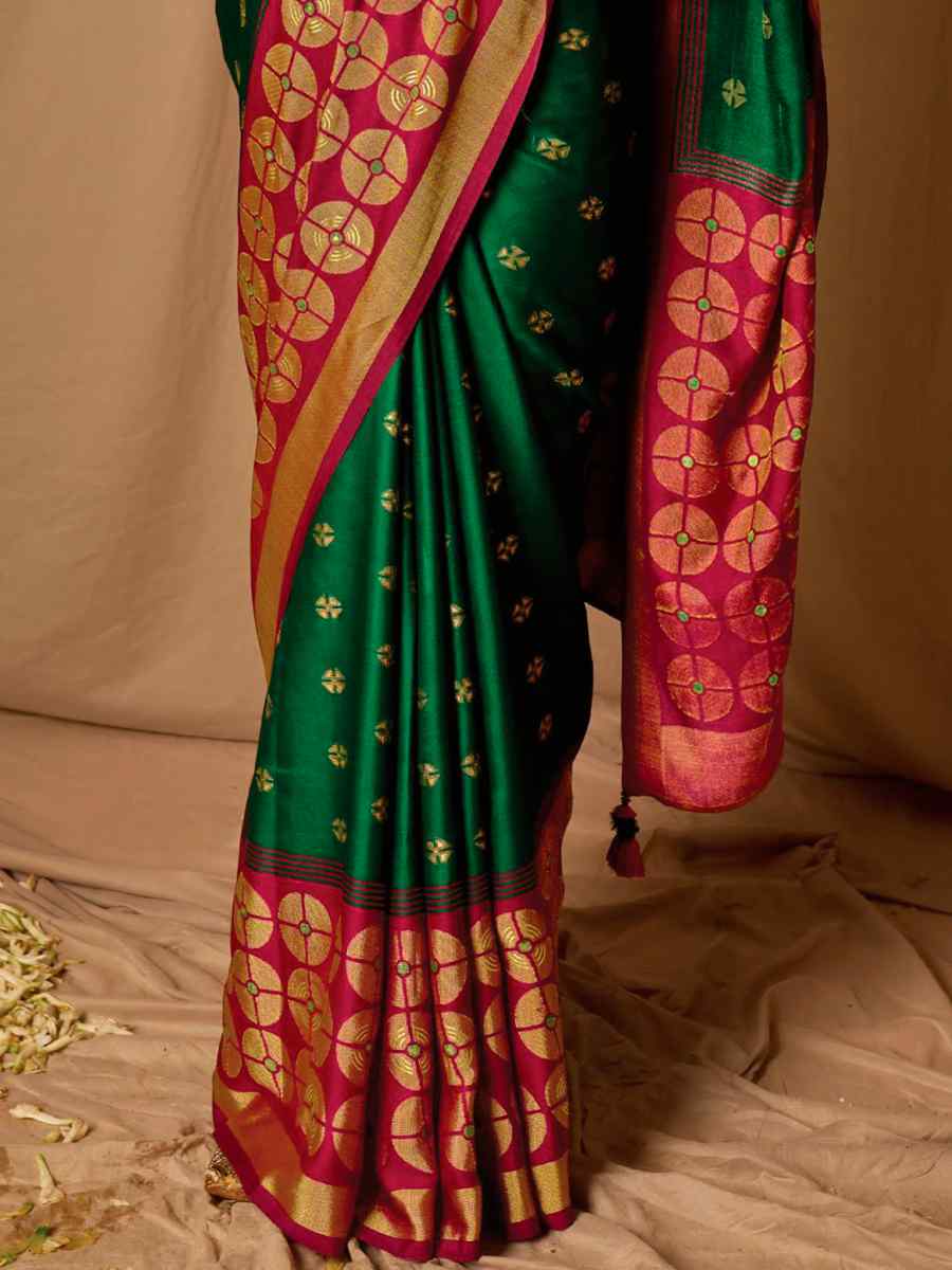 Dark Green Brasso Handwoven Wedding Festival Heavy Border Saree