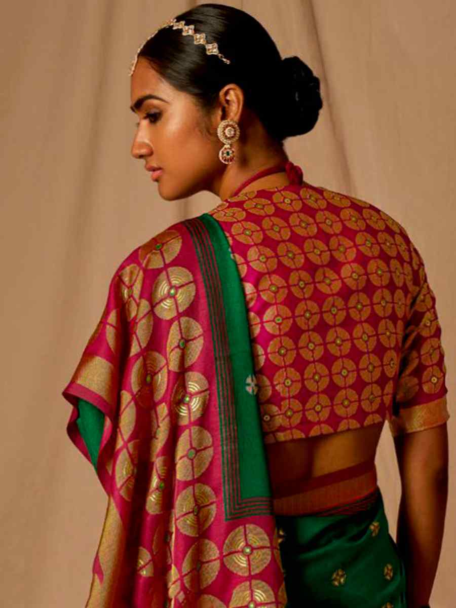 Dark Green Brasso Handwoven Wedding Festival Heavy Border Saree