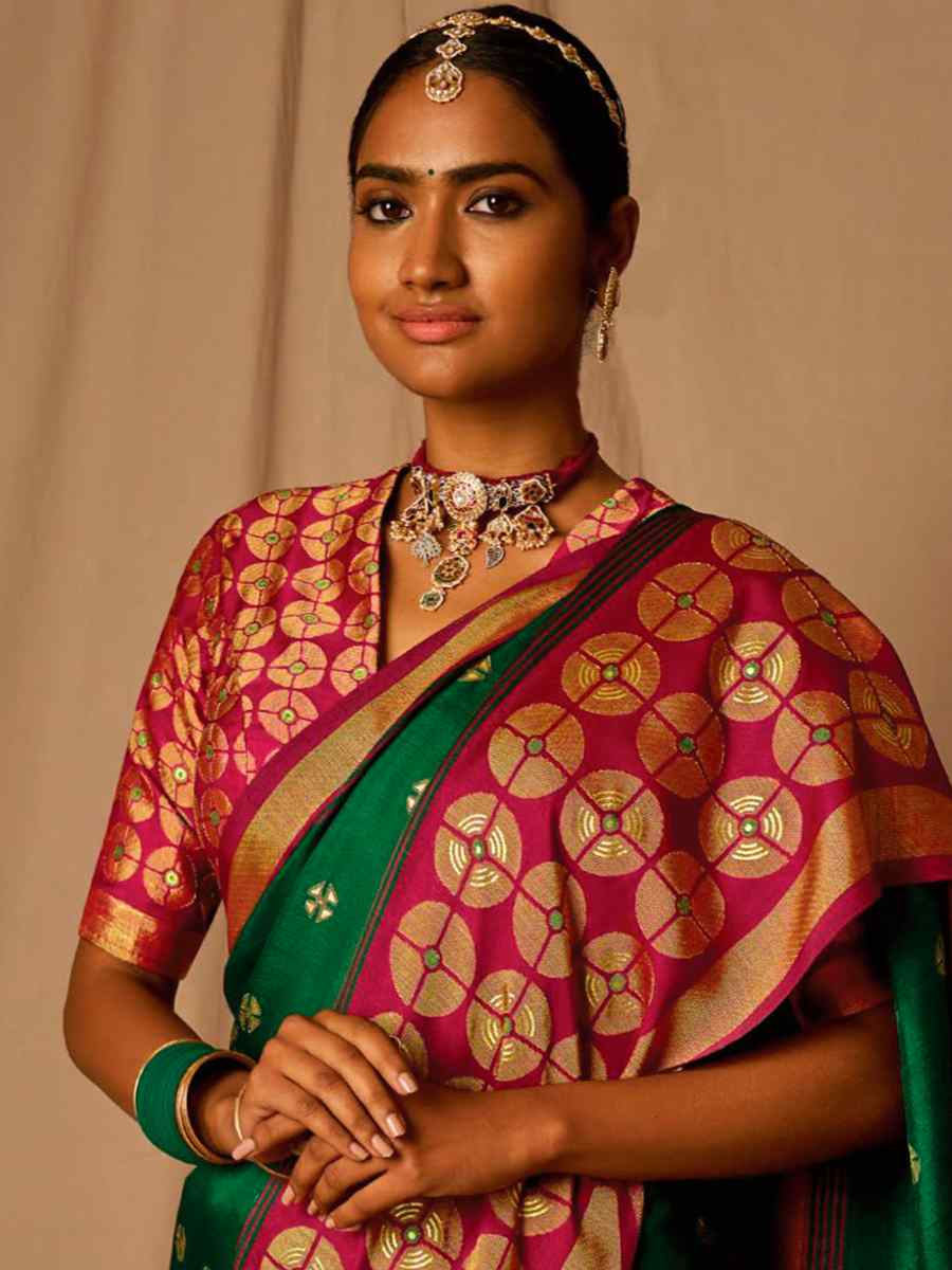Dark Green Brasso Handwoven Wedding Festival Heavy Border Saree