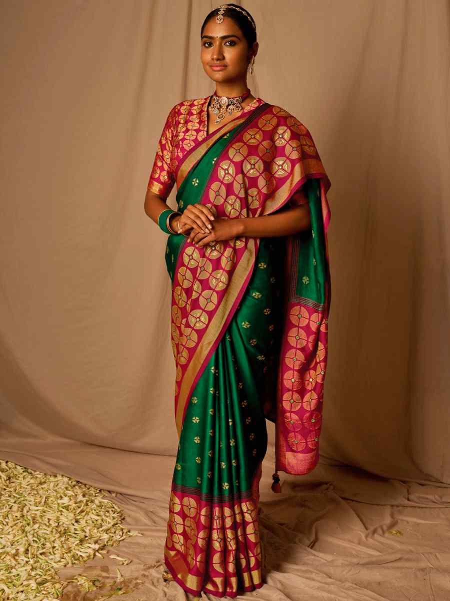 Dark Green Brasso Handwoven Wedding Festival Heavy Border Saree