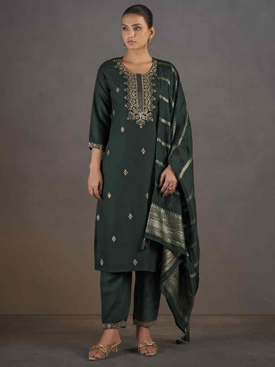 Dark Green Cotton Blend Embroidery Party Wedding Festival Casual Ready Pant Salwar Kameez