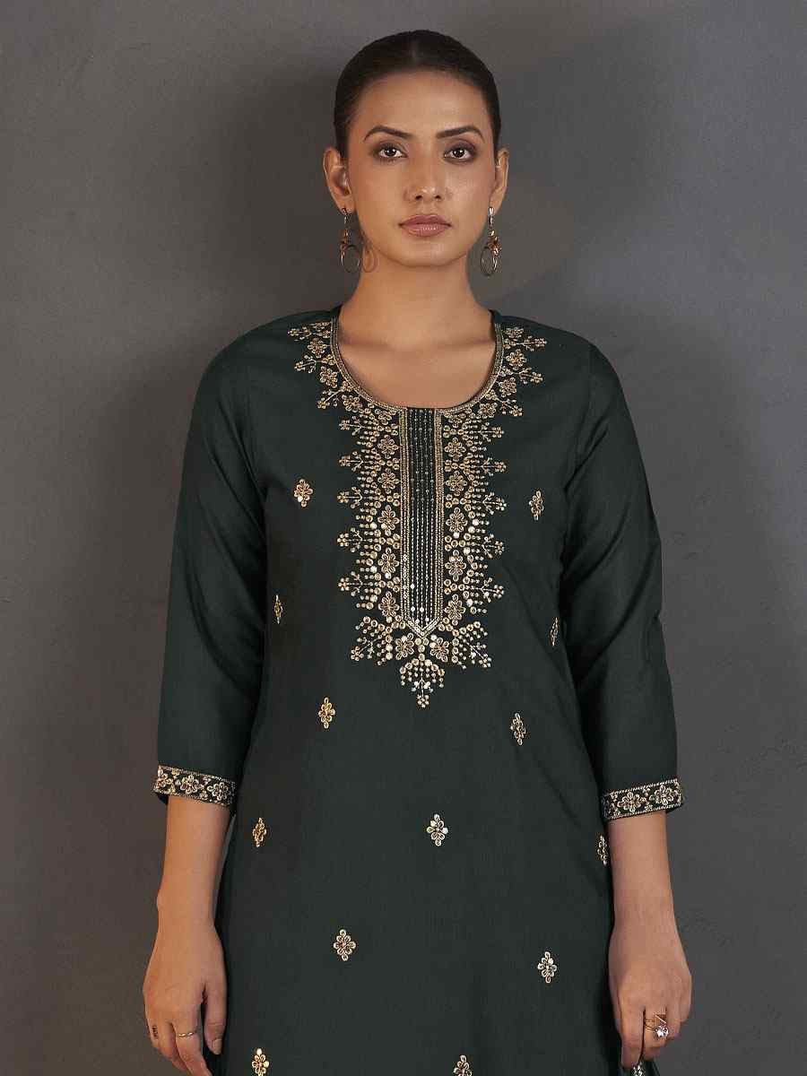 Dark Green Cotton Blend Embroidery Party Wedding Festival Casual Ready Pant Salwar Kameez