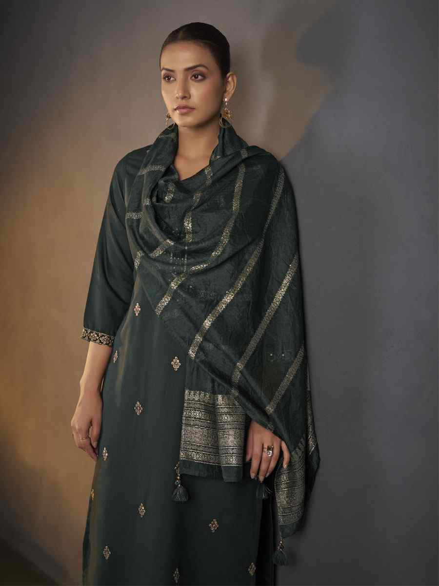 Dark Green Cotton Blend Embroidery Party Wedding Festival Casual Ready Pant Salwar Kameez