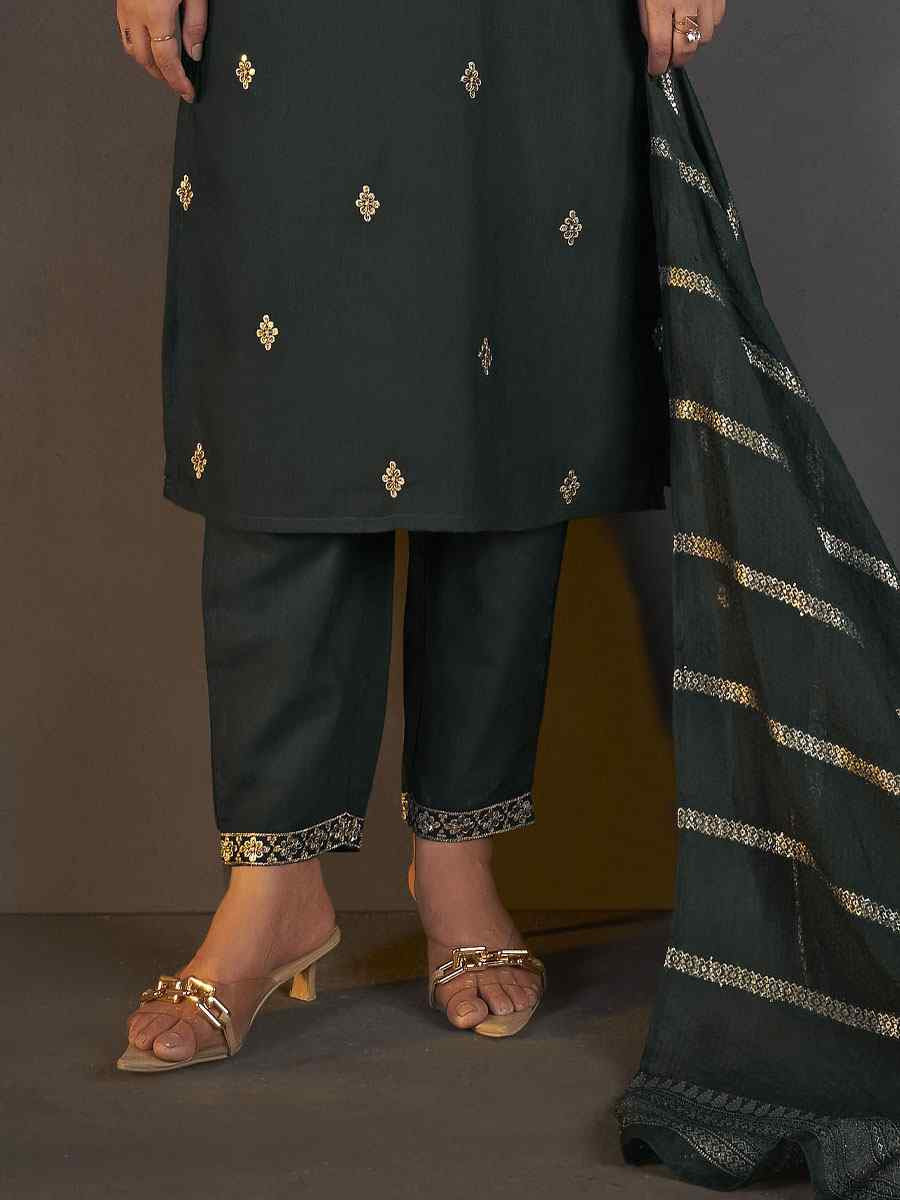 Dark Green Cotton Blend Embroidery Party Wedding Festival Casual Ready Pant Salwar Kameez