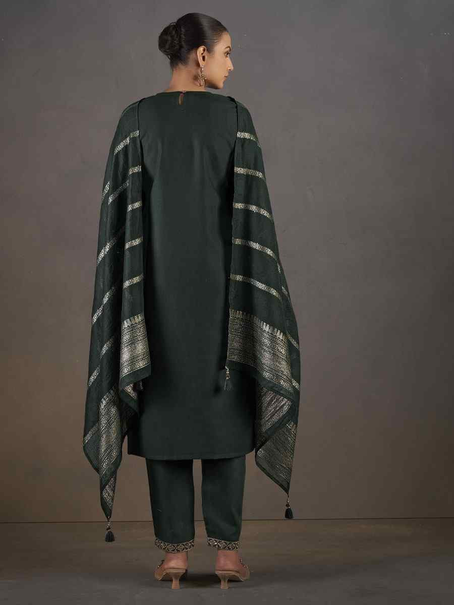 Dark Green Cotton Blend Embroidery Party Wedding Festival Casual Ready  Pant Salwar Kameez