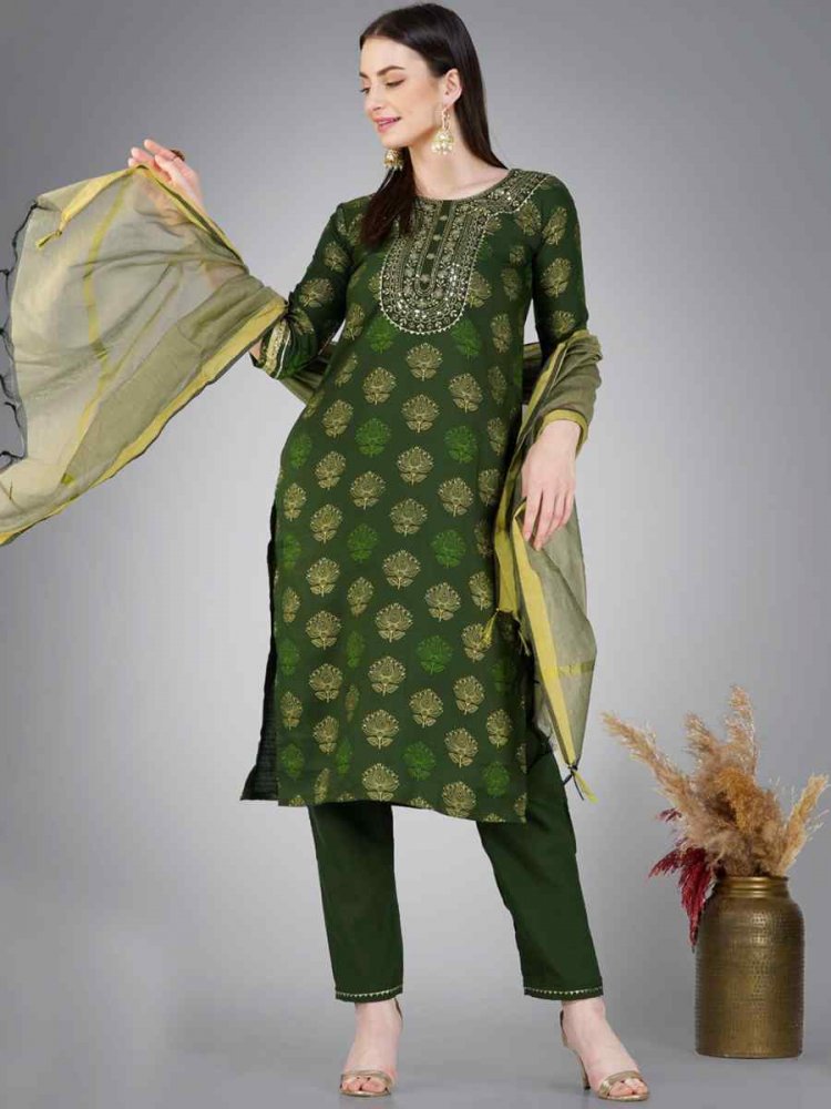 Dark Green Cotton Magic Slub Embroidered Festival Casual Ready Pant Salwar Kameez