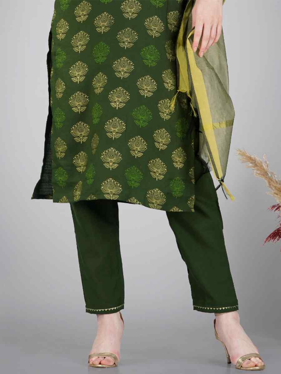 Dark Green Cotton Magic Slub Embroidered Festival Casual Ready Pant Salwar Kameez